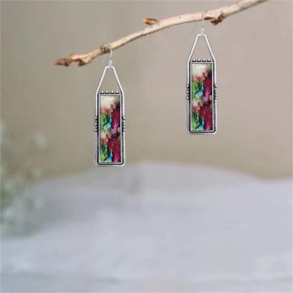 Red GreenHandmade Bohemian Tribal Retro Colorful Square Bar Dangle Drop Earring - Picture 6 of 6
